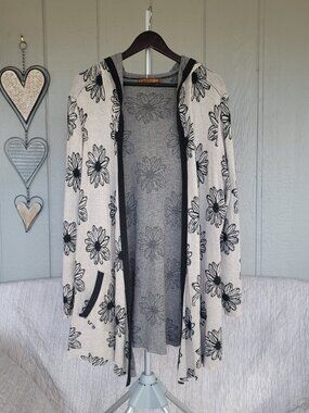 Belldini Floral Open Front Knit Cardigan - Plus Size 3X Cream & Black